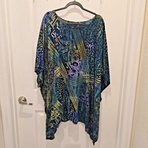 Van Klee Blue Green Gold Asian Style Batik Kaftan Tunic 100% Rayon OS/Plus BoHo